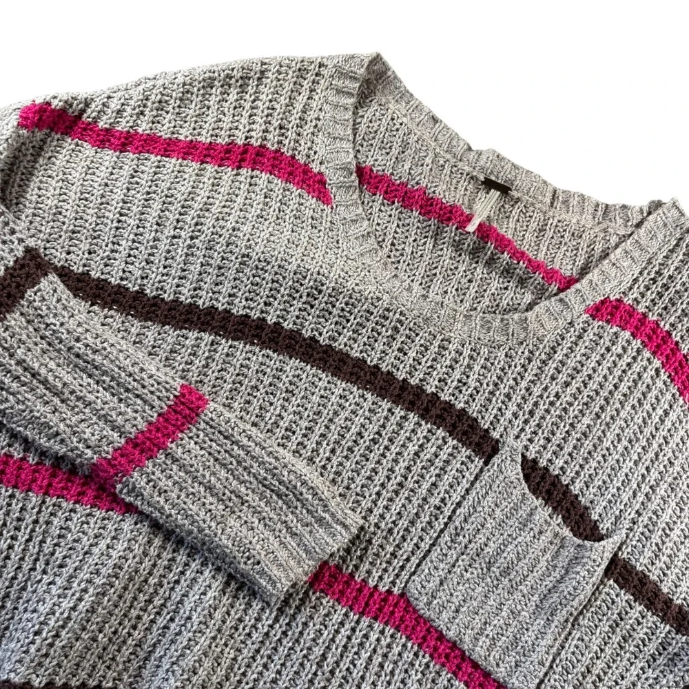 Free People Sweater Womens L Pink Striped Oversized V-Neck Knit Boho Chunky Knit